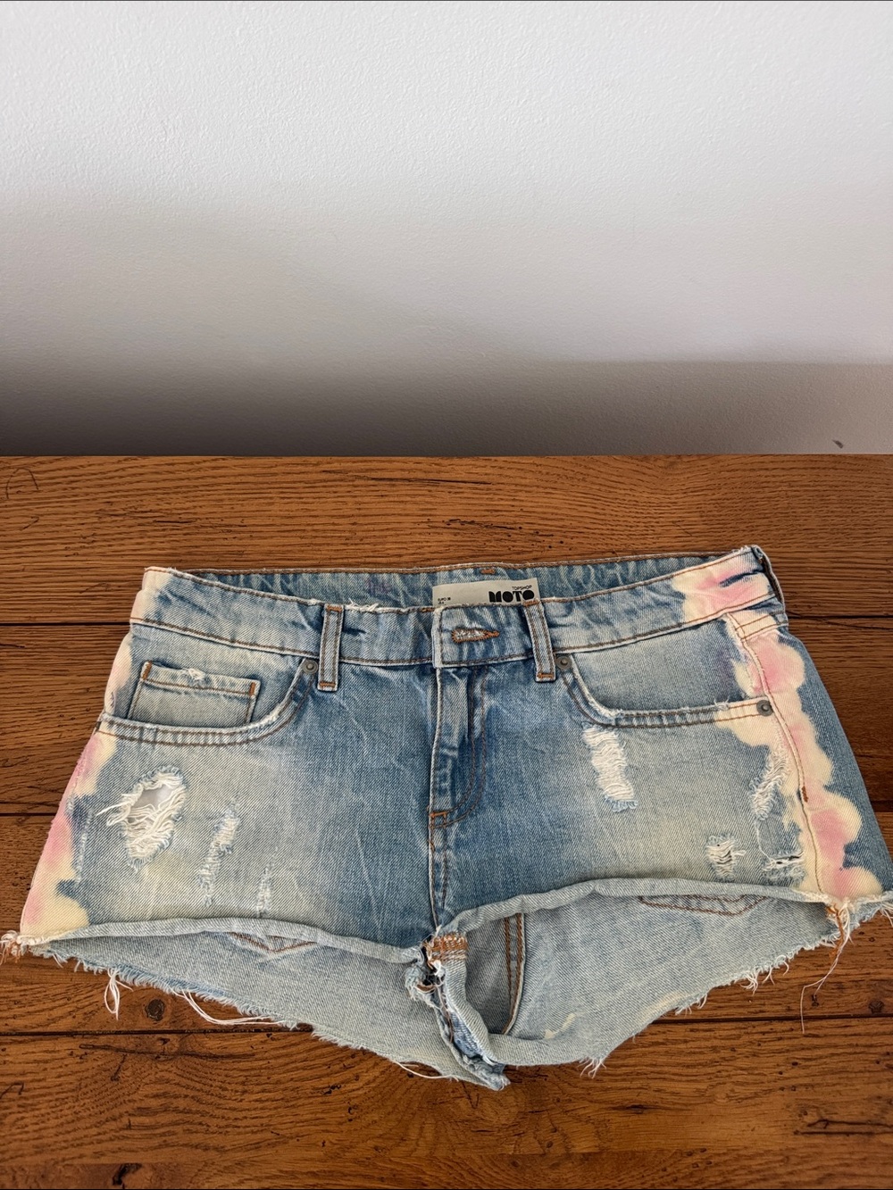Topshop Light Blue Distressed Denim Shorts with Pink Tie-Dye Trim